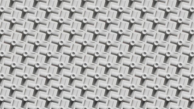 This angled view shows a white geometric pattern with a professional depth of field. Soft shadows and a clean modular system define the render.