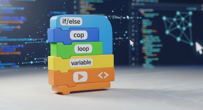 Stack of colorful coding block icons representing programming concepts on a digital interface