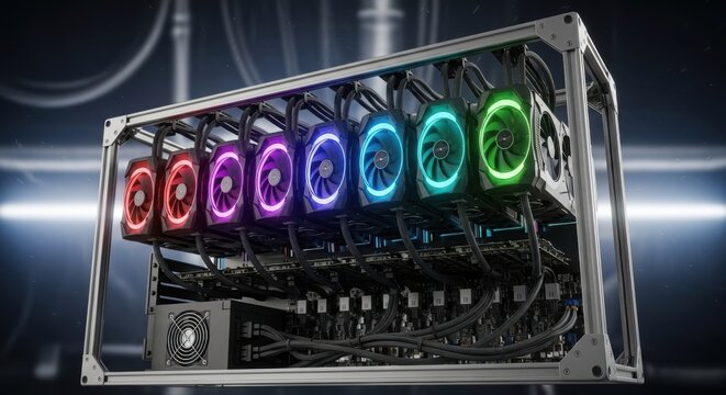 Professional cryptocurrency mining rig with multiple high-performance glowing graphics cards