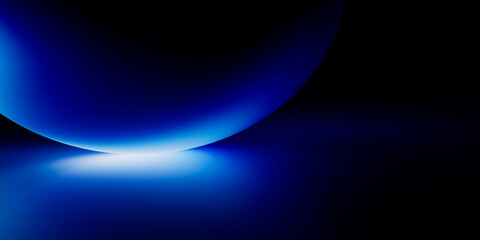 Blue neon arc rising over a dark horizon with deep black lower half. Glowing curved light shape perfect for futuristic tech, space, and sci-fi concepts. © wacomka