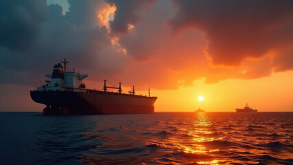 Fototapeta premium A big vessel sailing on the open sea during golden hour