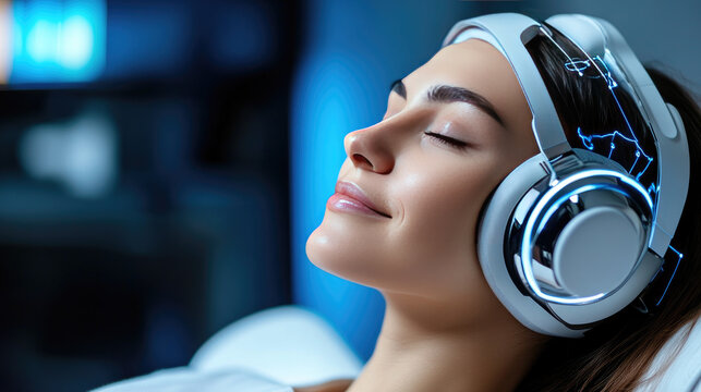 Woman experiencing deep relaxation and sleep with advanced brainwave stimulating headphones and a comfortable sleep headband