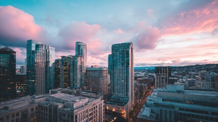 Fototapeta premium Panoramic cityscape view of modern skyscrapers against a dramatic sunset sky with pink and blue clouds