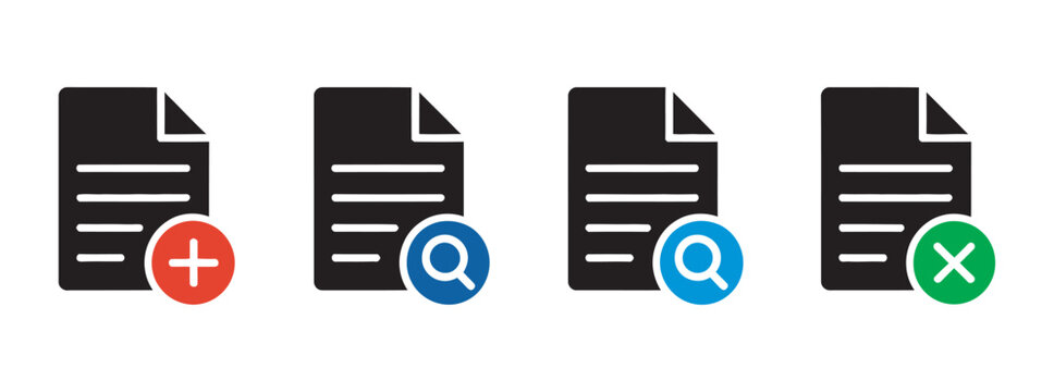 Document management icons, streamline workflow with add delete search functionalities for organized file handling digital system and UI design set
