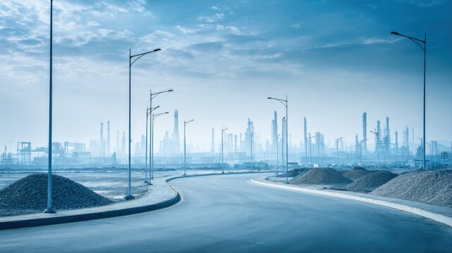 Industrial landscape with a curved road leading towards factory smokestacks under a hazy sky
