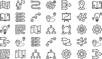 Business Strategy and Navigation Line Icon Set Featuring Roadmap Planning Workflow Direction Location and Process Management Symbols for Apps and Websites © AKTAR