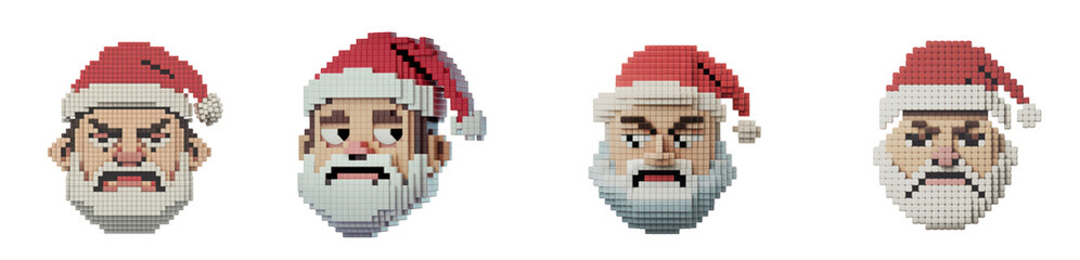 Fototapeta premium Set of four 3d voxel style santa claus heads with various grumpy and annoyed facial expressions isolated on transparent background