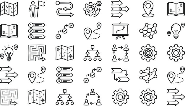 Business Strategy and Navigation Line Icon Set Featuring Roadmap Planning Workflow Direction Location and Process Management Symbols for Apps and Websites