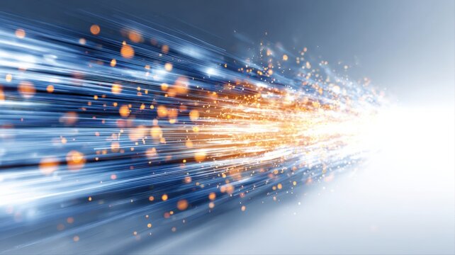 Abstract glowing streaks of light and particles representing fast data transfer and digital technology