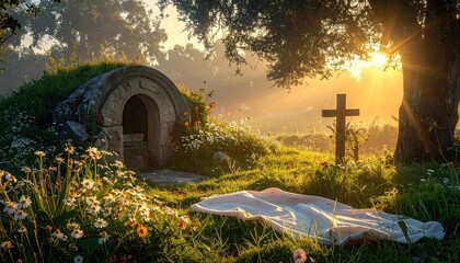 Naklejka premium Sunlit landscape with stone tomb cross and flowing white cloth