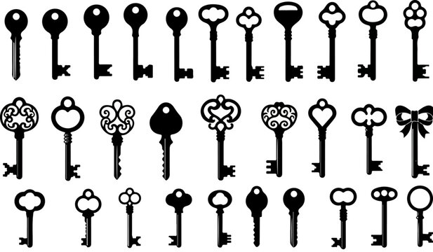 Vintage skeleton keys collection, 30 antique door key silhouettes, black ornate Victorian key vector icons for scrapbooking and logo design