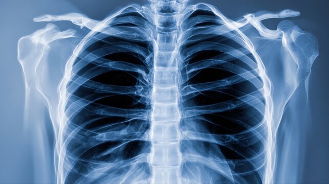Medical Chest X-ray Showing Healthy Human Rib Cage and Lungs Against a Blue Background