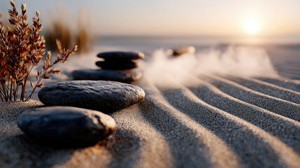Naklejka premium Raked sand zen garden path with balancing cairn stones and soft mist, creating a harmonious and peaceful scene for meditation and spiritual journey