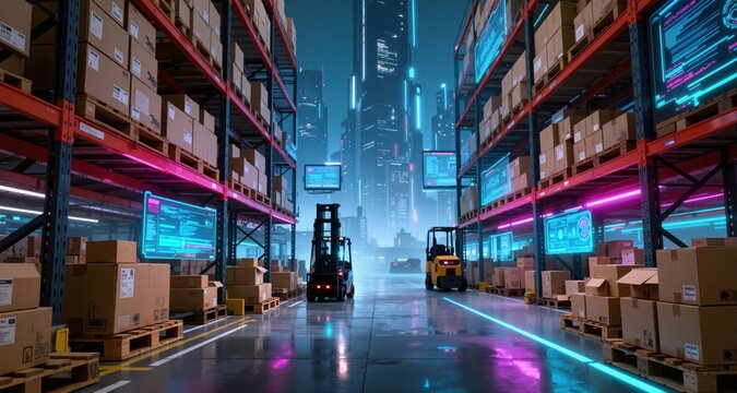 Warehouse fulfillment icons: center, inbound, storage, pick, pack, sort, ship. Cyberpunk style, Warehouse of the city of the future.
