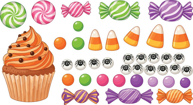 
Colorful Halloween Candy and Cupcake Sweet Treat Icon Set with Lollipop Gumball and Corn Sugar Dessert Collection