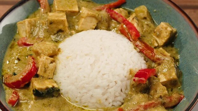 Green curry tofu soup cooking. Thai green curry soup in a white bowl on a white plate with dark background. Flat lay, overhead