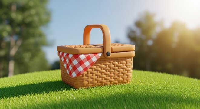 Woven wicker picnic basket sitting on lush green grass during a sunny summer afternoon