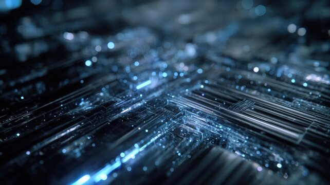 Abstract Futuristic Digital Grid with Glowing Blue Particles and Lines on Dark Background