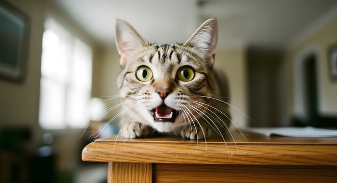 Close-Up Of A Surprised Tabby Cat With Wide Eyes And Open Mouth