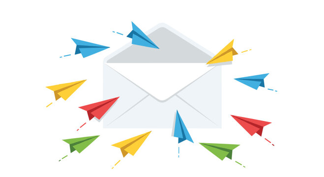 A large central envelope is encircled by an array of brightly colored origami paper airplanes flying across a crisp white background in a vibrant display.