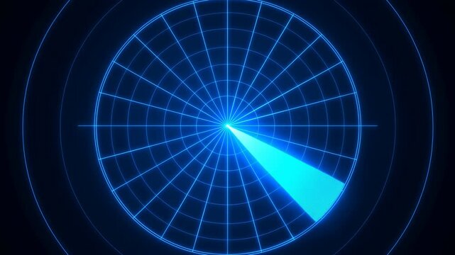 Circular Scanning With Flashing Signals. Bright Neon Blue Visualization For Navigation And Tracking Purposes