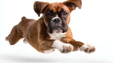 Fototapeta premium Energetic Boxer Dog Mid-Air Jump Captured in Studio Portrait on White Background