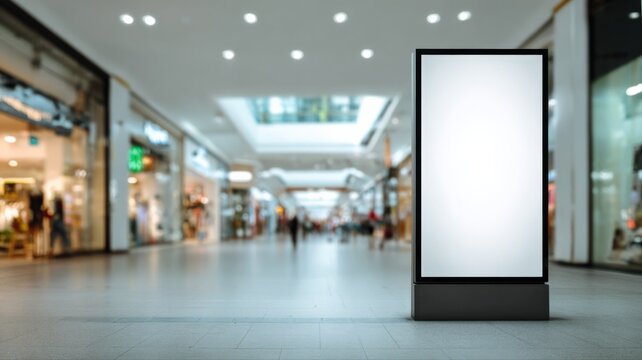 Blank digital advertising display screen mockup in a busy shopping mall interior