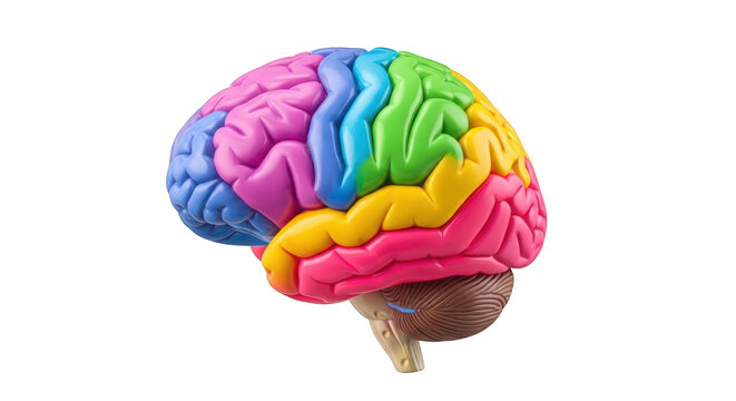 Anatomical model of a human brain with multicolored lobes, showing brain structure and anatomy, isolated on transparent background