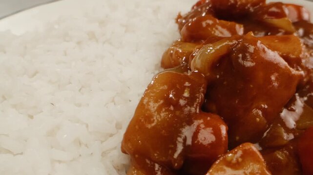 Japanese curry rice with fry pork Tonkatsu, Katsu Kare, Japanese breaded cooking dinner in restaurant, close up macro of asian food. 