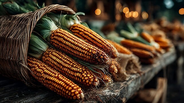 Rustic corn harvest scene with cobs on wooden table images illustrator