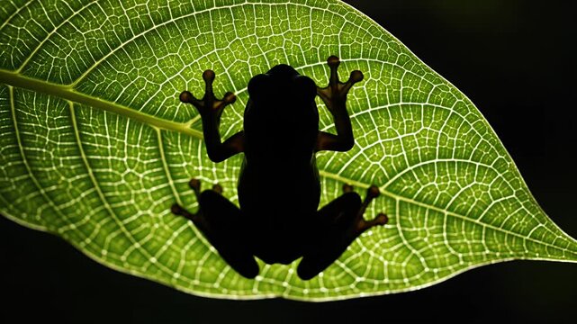Frog silhouette on backlit green leaf with visible vein structure