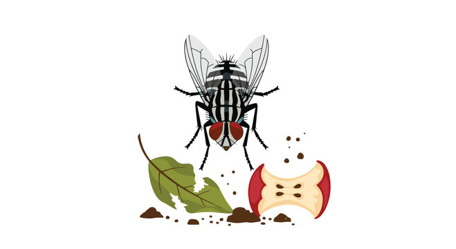 A housefly hovers over a discarded half-eaten apple core and a singular dried leaf surrounded by dark organic debris on a clean white background with soft shadows.