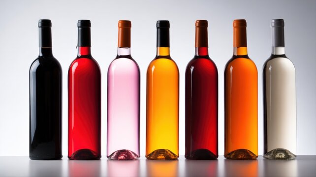 Collection of various wine bottles displaying different colors from dark red to white