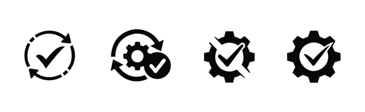 Process automation icon set. Workflow, gear settings, check mark, refresh arrows, system symbols business illustration isolated on white background