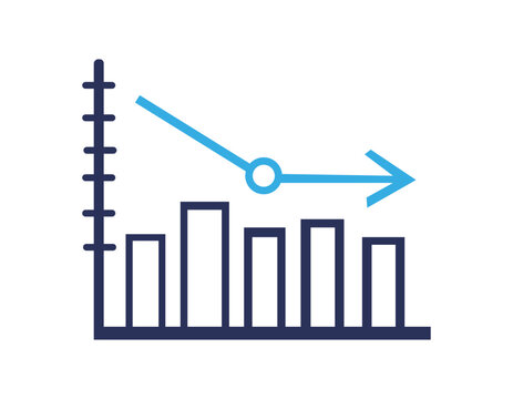 Bar chart with downward trend arrow investment loss profit loss revenue decrease market drop