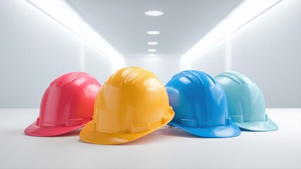 Fototapeta premium Diverse Hard Hats in Vibrant Colors Lined Up in a Modern Corridor