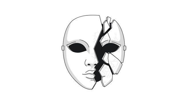 A monochromatic white facial mask appears shattered into fragmented geometric pieces against a clean white background, creating an abstract sense of broken identity structure.