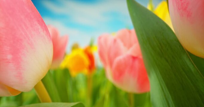 Smooth forward camera movement through blooming tulips and daffodils in a colorful spring garden. Vibrant flowers in soft natural light create a fresh, immersive seasonal scene full of life and renewa