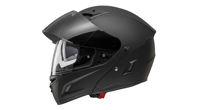 Matte full face motorcycle helmet with dual visor system and chin vent, side view isolated on transparent background