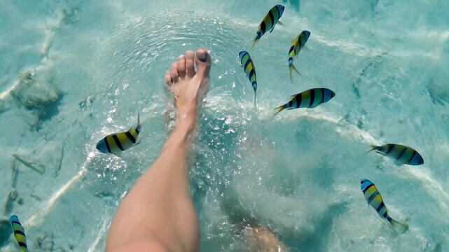First-person view of feet in crystal clear turquoise ocean water with tropical sergeant major fish swimming around. Perfect for travel, exotic vacation and summer relaxation themes