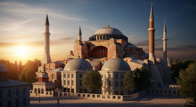 The historic Hagia Sophia mosque stands majestically at sunset in Istanbul, Turkey, showcasing its stunning architecture and beautiful domes.