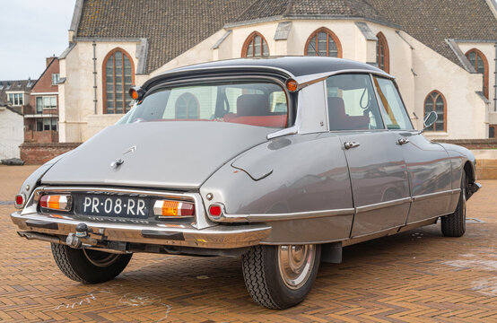 Katwijk aan Zee, The Netherlands, 11.04.2026, Citroen DS from 1968 rear side view, Classic french executive car at the old timer show