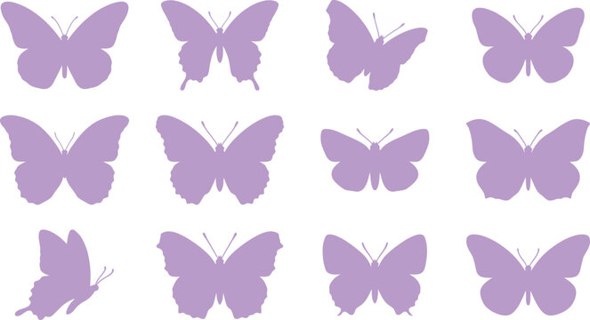 Purple butterfly icons, lavender insect silhouettes, 12 piece vector set, colorful graphic elements