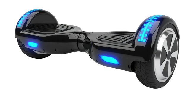 Self-balancing electric hoverboard with bright blue led lights and rubber wheels, isolated on transparent background