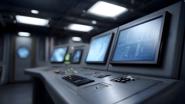 A sophisticated high tech control panel console displaying complex digital information within a futuristic ope nal setting