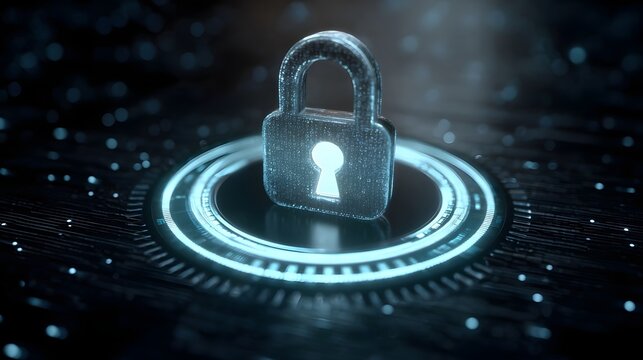 Glowing digital padlock icon symbolizing robust data security and protection on a futuristic technological background