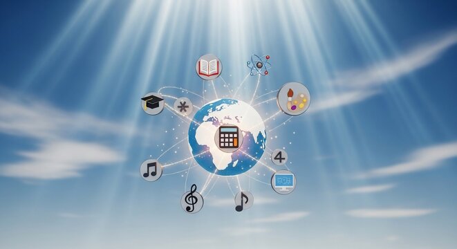 A vibrant illustration of a globe surrounded by various icons representing education, music, and technology under a bright blue sky.