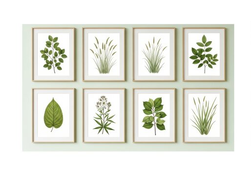 Botanical prints in white frames on a light gray wall