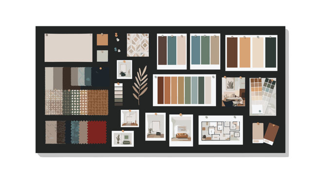 An interior design mood board displays wooden textures, fabric samples, architectural floor plans, and paint color chips on a dark charcoal background for home renovation projects.