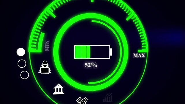 Futuristic battery interface displays energy level. Digital system represents power and technology. Futuristic digital interface displays battery level at thirty one percent with glowing green.